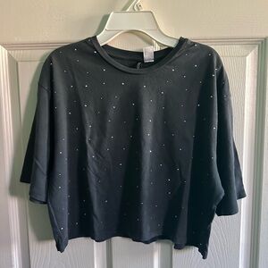 Gray Blue Rhinestone Crop Tee